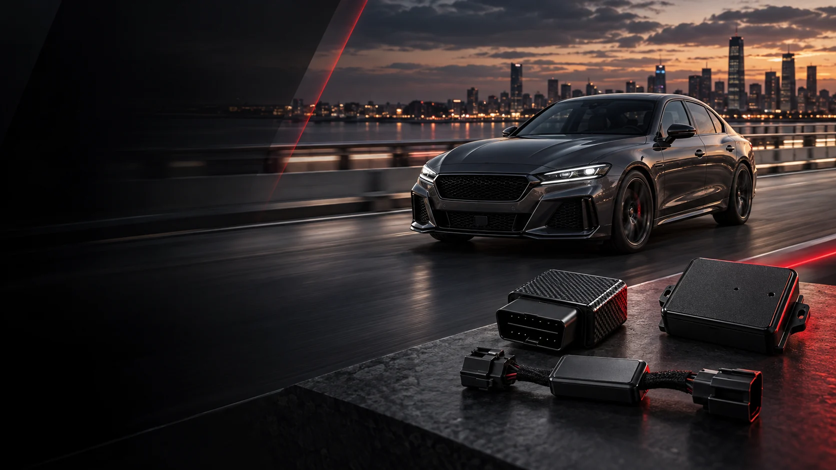 Vehicle beside automotive electronic modules in an evening city scene