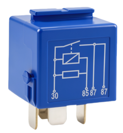 Blue five-pin automotive relay with its internal circuit diagram printed on the side